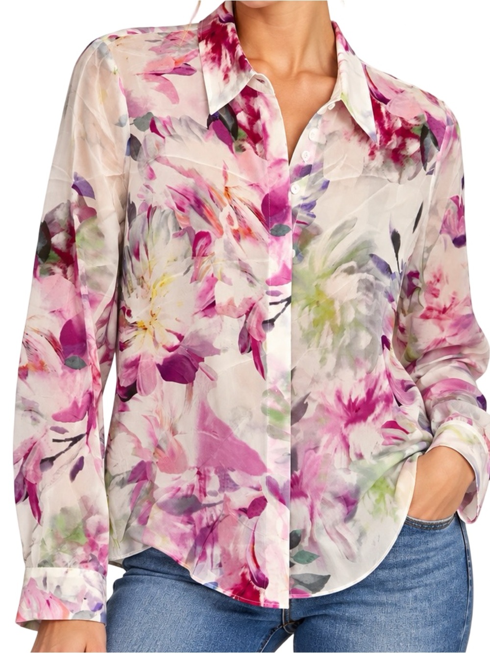 Pure Collection Women’s Size 6 Pink White Lavender Floral Silk Button Down Shirt